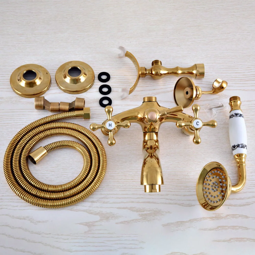 Luxury Gold Color Brass Wall Mount Bathroom Bath Tub Faucet Set WITH/ 1.5M Handheld Shower Spray Head Mixer Tap Dna951