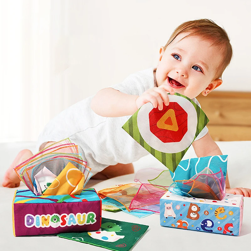 

Развивающая игрушка-книжка из ткани «Мультяшный мир» с кольцом и коробкой для салфеток – Монтессори-игрушки для малышей 6-12 месяцев, для мальчиков и девочек 1 года