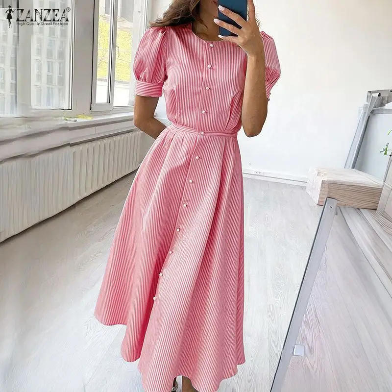 

Стильное полосатое платье ZANZEA 2026: женское летнее платье-сарафан с круглым вырезом, коротким рукавом, приталенное, элегантное офисное миди-платье