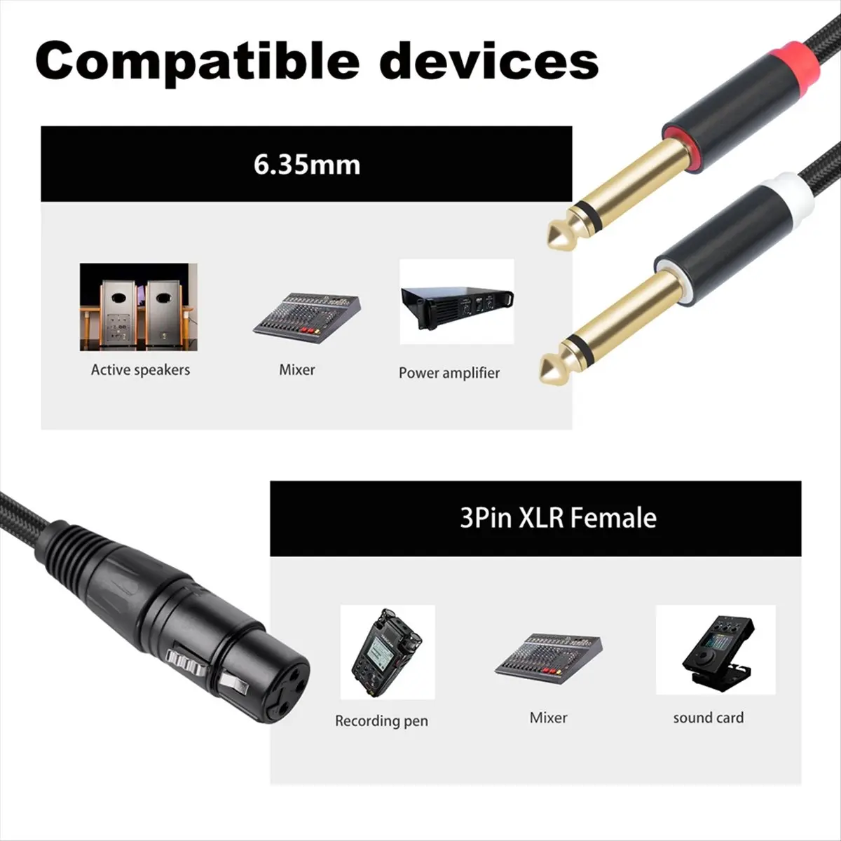 【~ New B11B】XLR Female to Dual 6.35 Male Y Splitter Cable, Dual Shielded Braided Mic Audio Adapter Cord,Microphone Cable