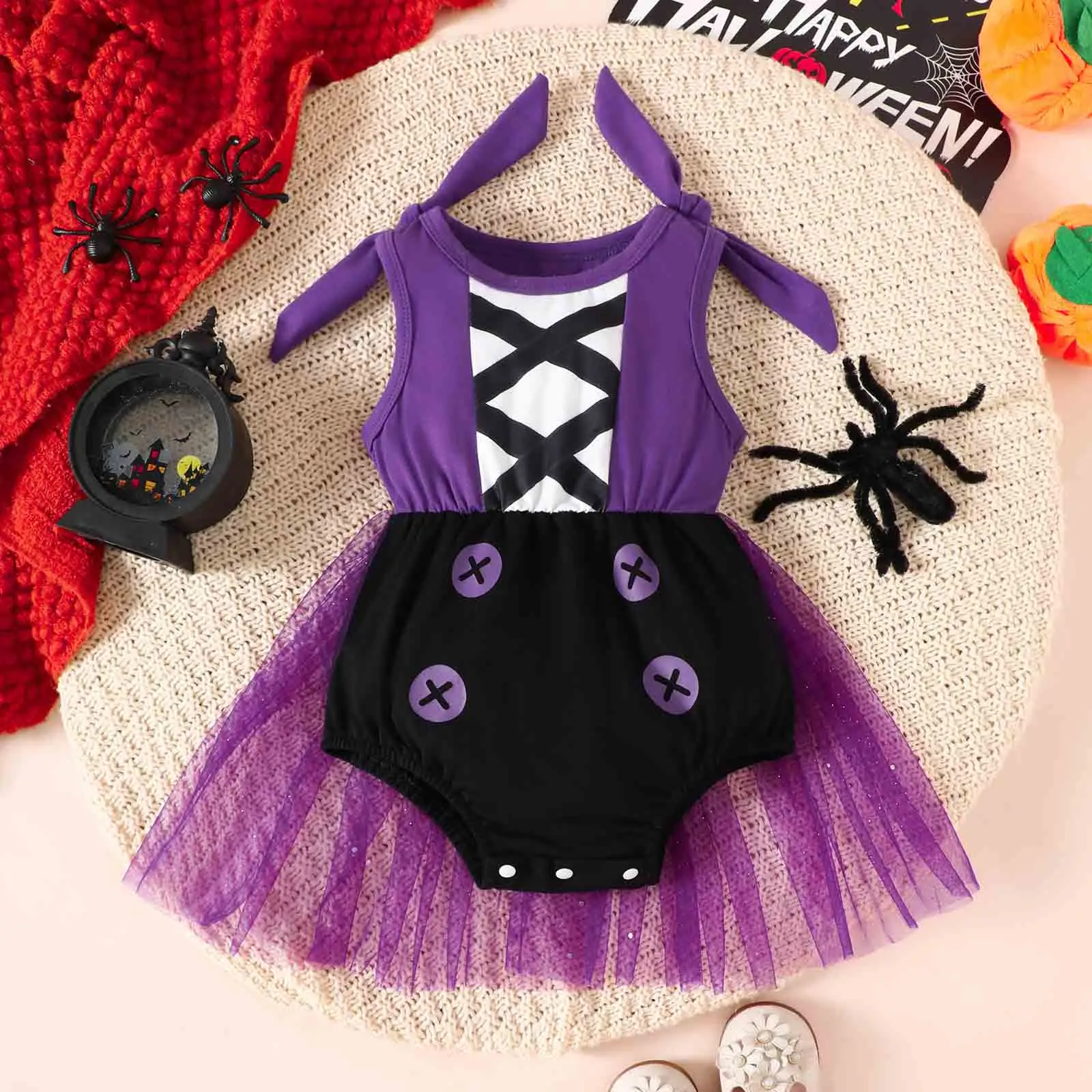 Barboteuse d'Halloween pour Nouveau-né Fille, Vêtements de brev, Violet, Noir, Costume de Sorcière, Combinaison en Tulle Mignonne