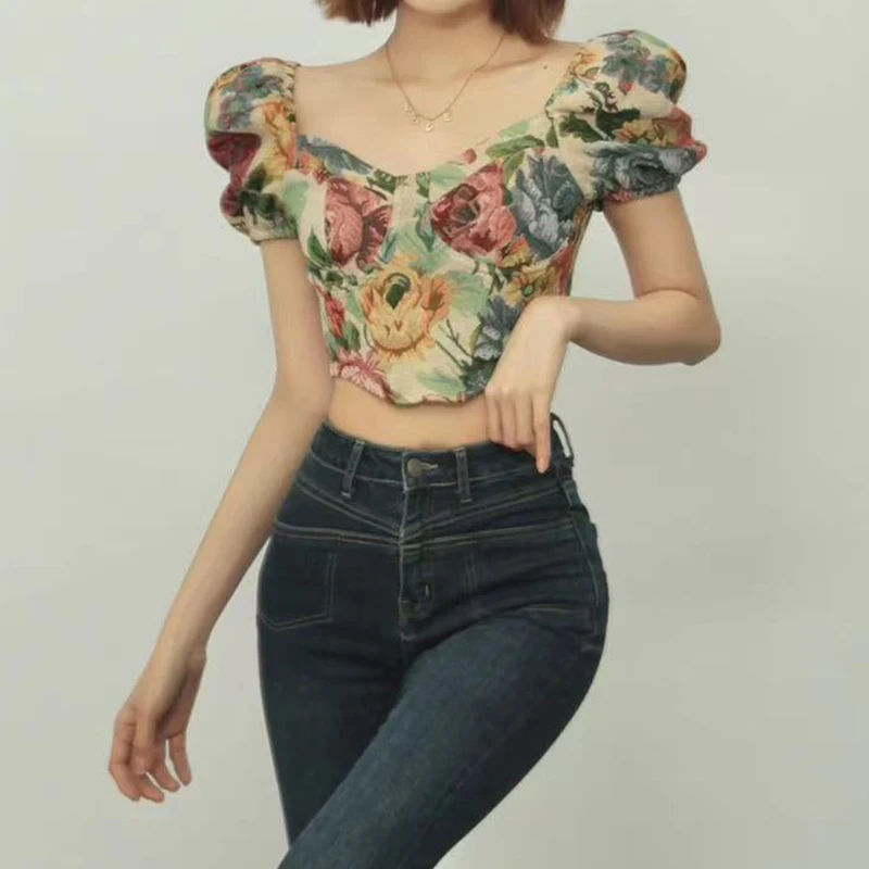 Summer Women's Floral Printed Short Sleeved Slim Date Party Tops Shirt Ladies Backless Sexy Short Top