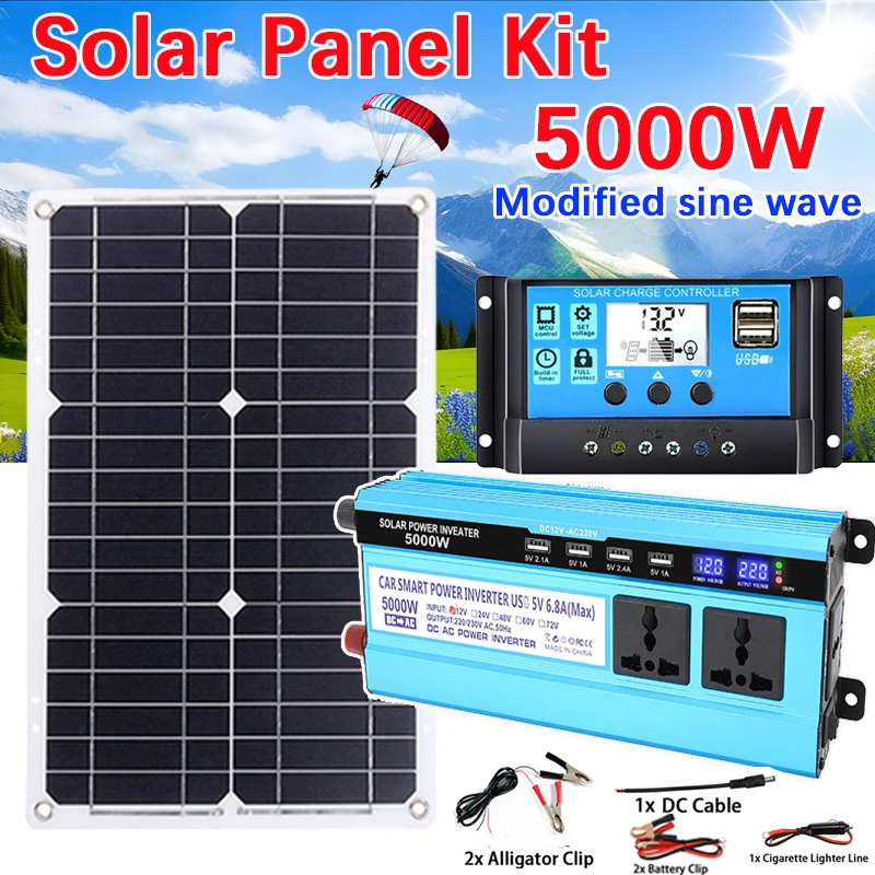 5000W 3000W Solar Panel Kit 12V To 220V Solar Power System 18V Solar Panel+30A Charge Controlle Car Inverter Power Generation