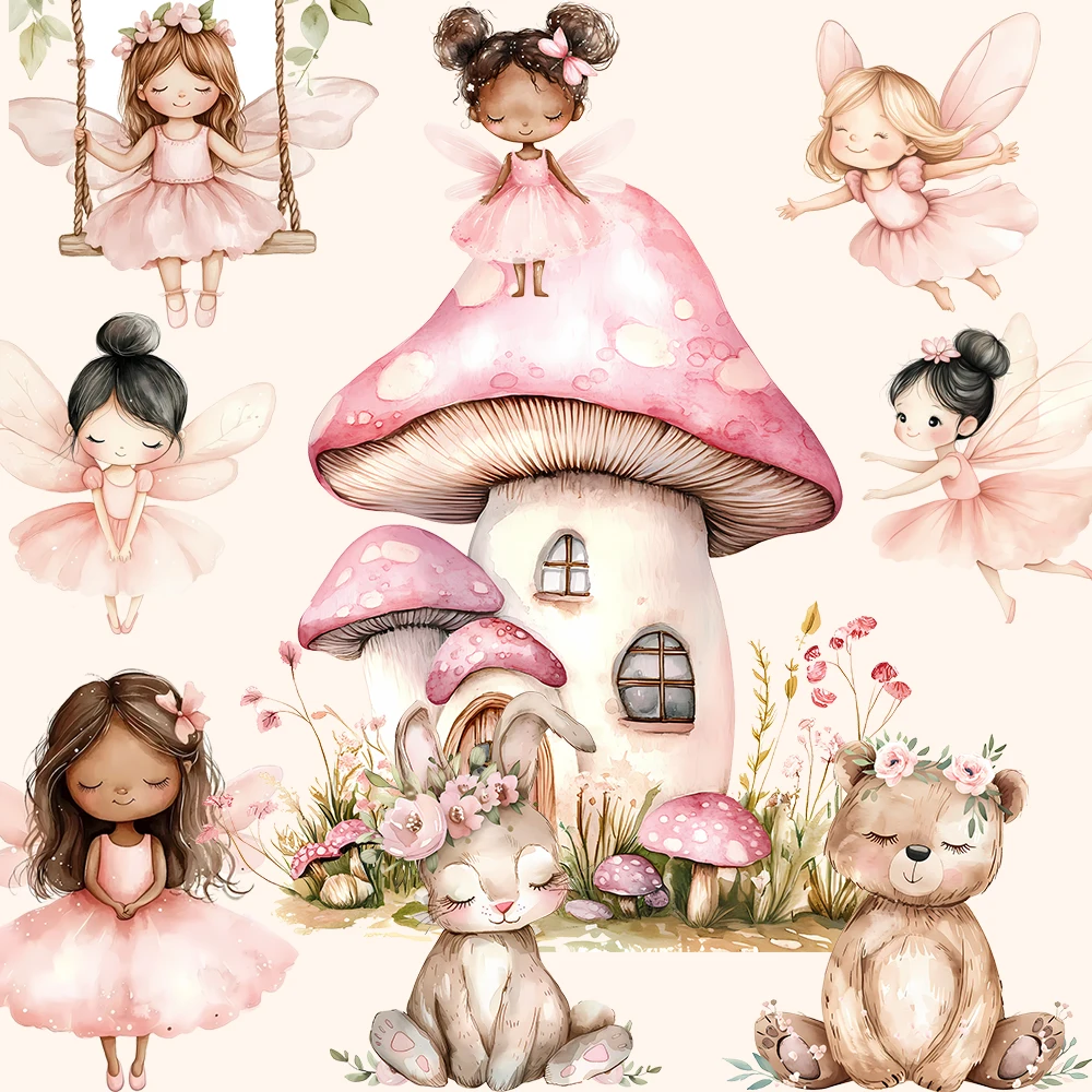 Adornos de jardín de hadas de acuarela, tablero KT, paquete de hadas rosas, hadas mágicas, decoración para fiesta de cumpleaños, telón de fondo, accesorios para Baby Shower
