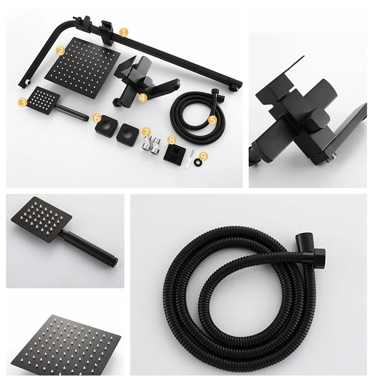 الحديثة الأسود مربع الأمطار الحمام دش مجموعة نظام صنبور حوض الاستحمام خلاط 304 حمام من الفولاذ المقاوم للصدأ المطر نظام دش كامل