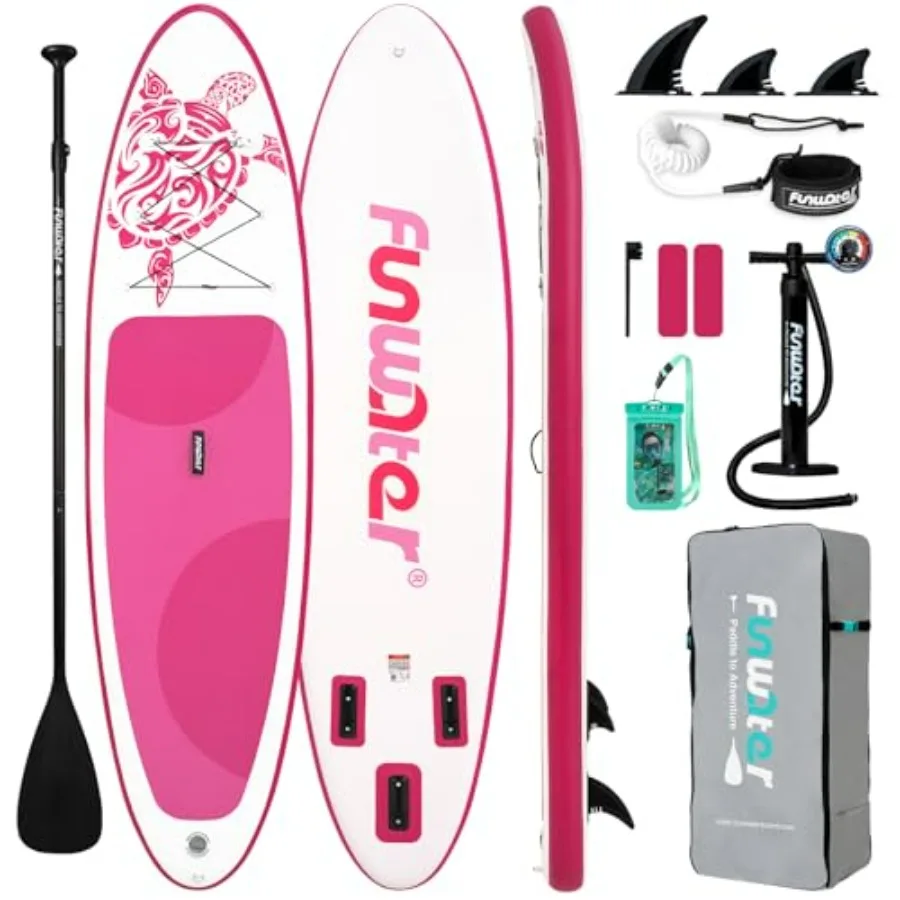

Inflatable Stand Up Paddle Board for adults youth, all skill levels; PVC material, pink; includes board, paddle, pump, three fi