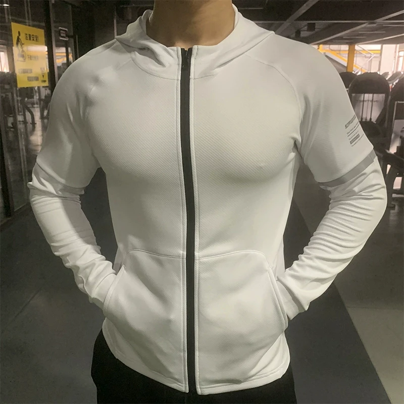 Men Autumn Sports Sweatshirts Zipper Hoodies Running Fitness Elastic Hoody Male Long Sleeve Jackets with Hood Thick Coats White