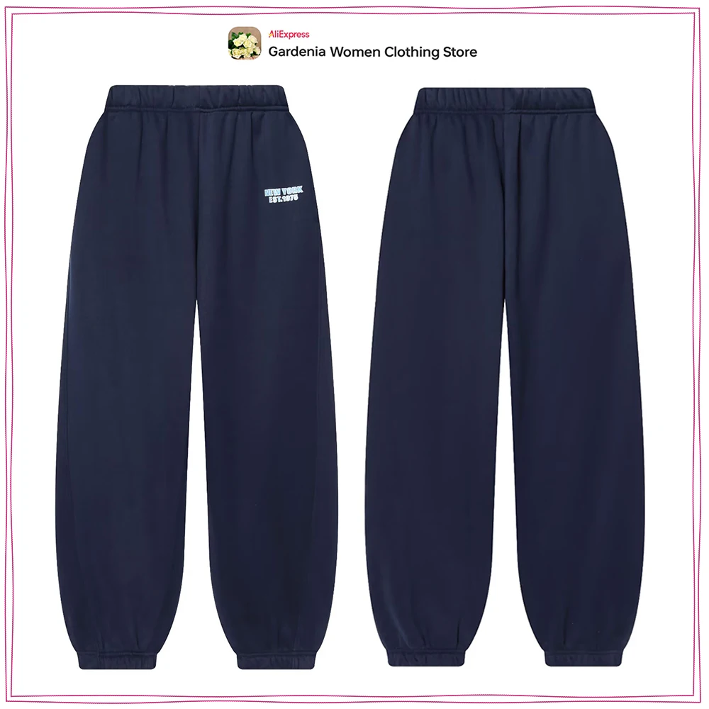 

Женские спортивные брюки с контрастным текстовым принтом в стиле преппи, синие флисовые джоггеры, удобные, со средней посадкой, с эластичными манжетами по низу