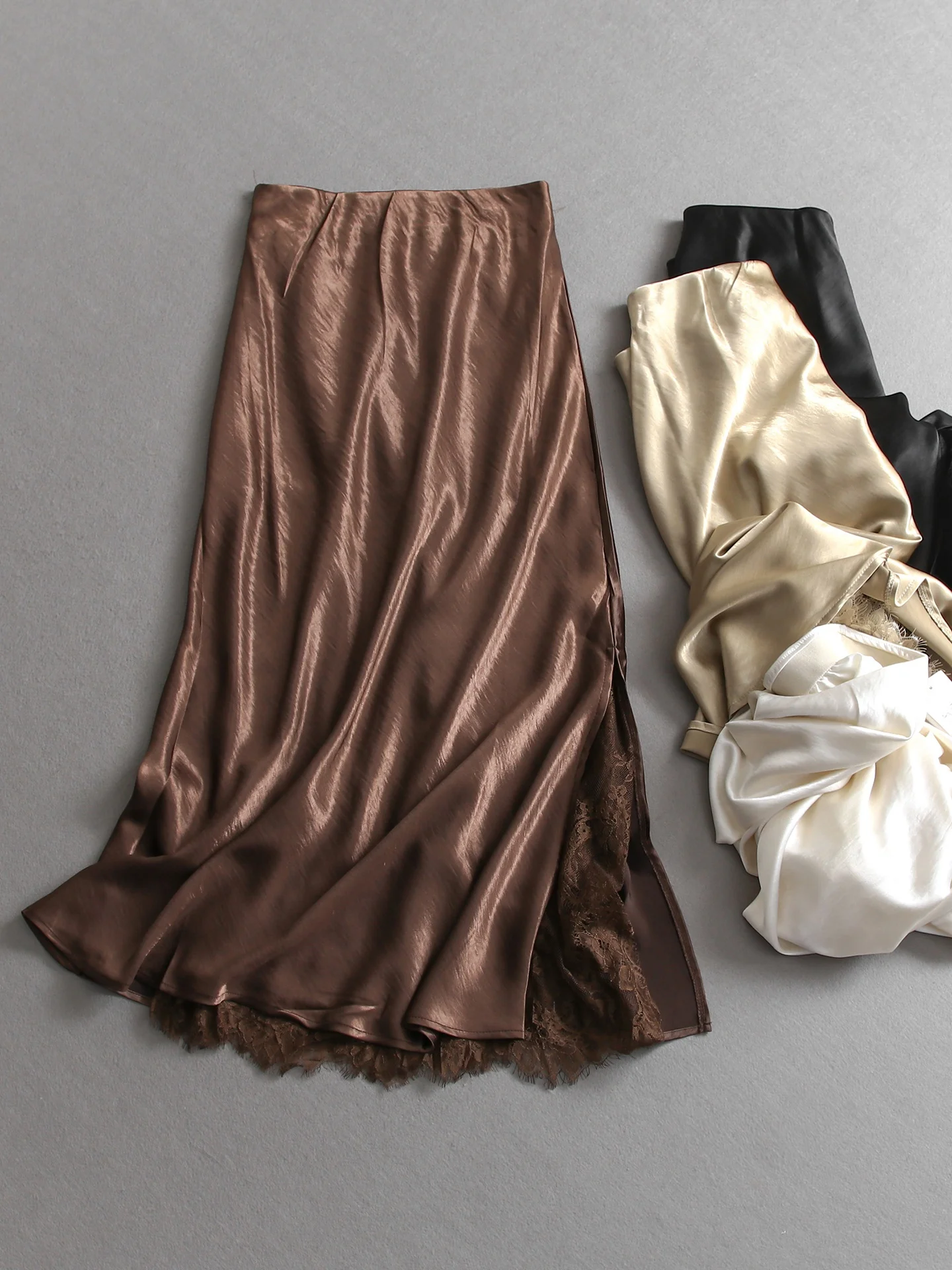 Elegant Long Lace Patchwork Satin Women's Skirt with Side Slit Elastic Waist Standard Fit Straight Cut Polyester Fiber