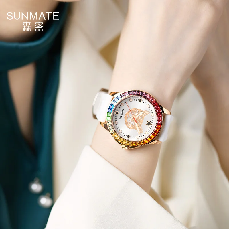 SUNMATE Premium Luxury Elegant Women's Watch Waterproof Japanese Quartz Movement White Silicone Strap Includes Free Watch Box