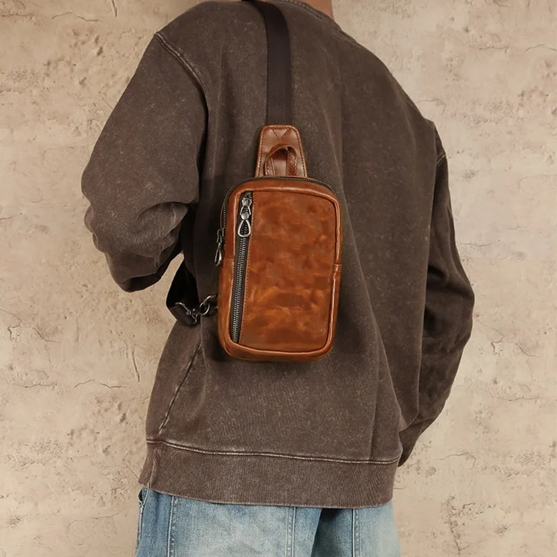 Men Vintage Crazy Horse Leather Sling Chest Bag Crossbody Shoulder Pack with Multiple Zipper Compartments Casual Daily Daypack