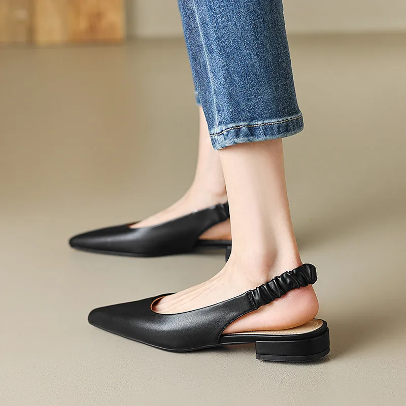 FEDONAS Office Ladies Casual Women Sandals Concise Spring Summer Pointed Toe Low Heels Genuine Leather Slingbacks Shoes Woman