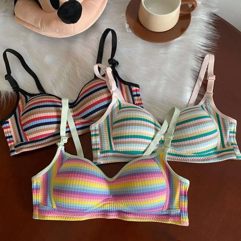 Spicy Girl Rainbow Striped Gathering Bra For Women Small Chest Soft Thin Traceless Underwear Colorful Breathable Bras Lingerie