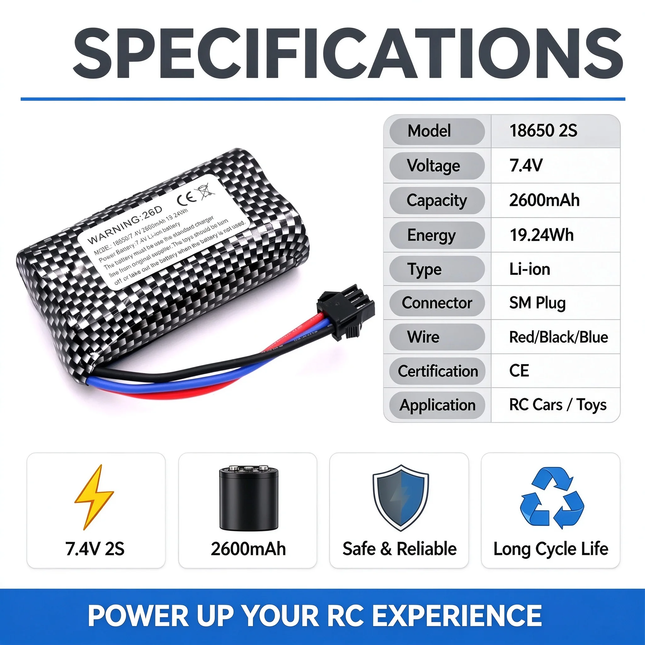 Lithium Battery 7.4V 2600mAh High Capacity Long Life for  RC Car Remote Control Climbing Deformation Vehicle Battery charging