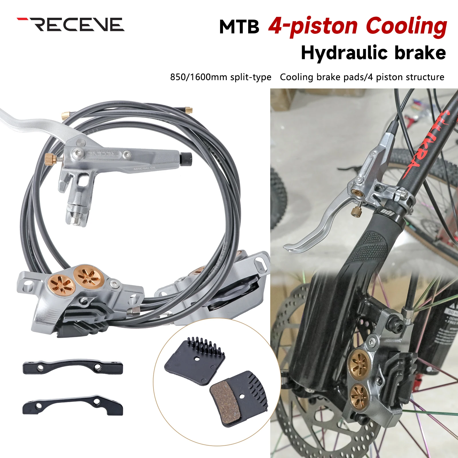 RECEVE M4 MTB Hydraulic Brakes 4 Piston Cooling Split-type Hydraulic Brake for Bicycle Disc Brake Mountain Bike 850mm/1600mm