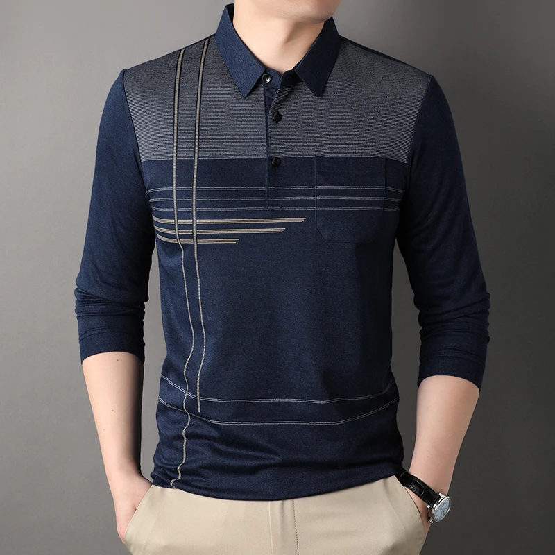 New Fashion Men's Business Striped Polo Shirts Solid Color Casual Long Sleeve Collar Tee Tops