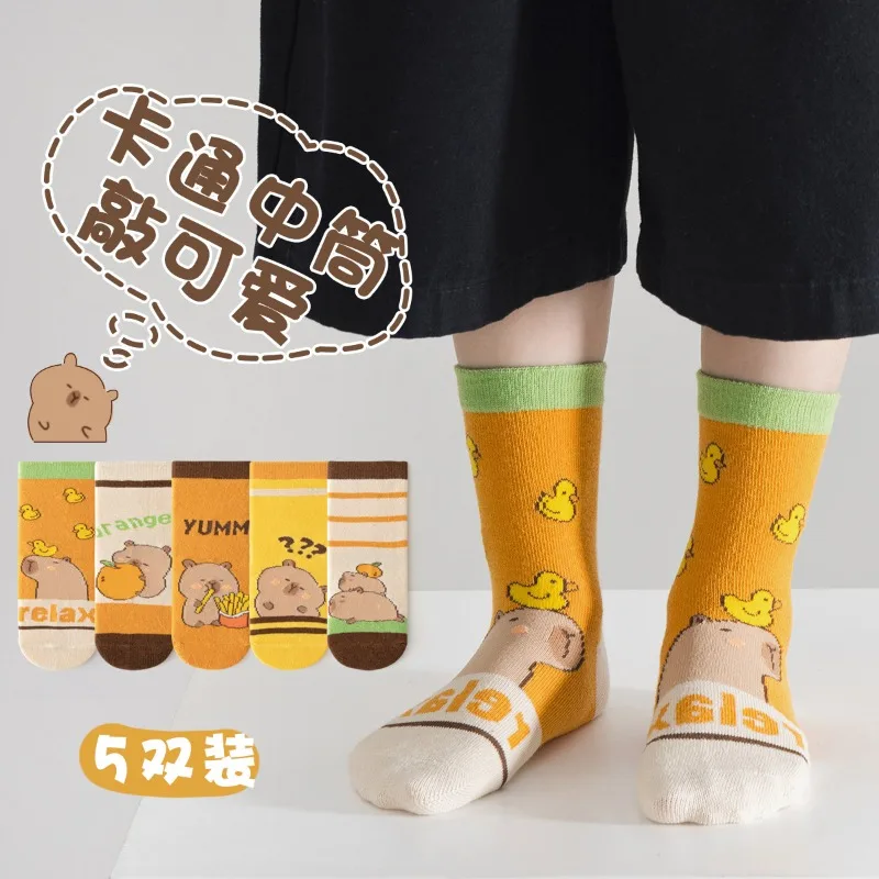 5Pairs Cute Cartoon Capybara Girls Anime Character Comfortable Skin-friendly Sweat-absorbent Breathable Mid-calf Socks 1-12Y