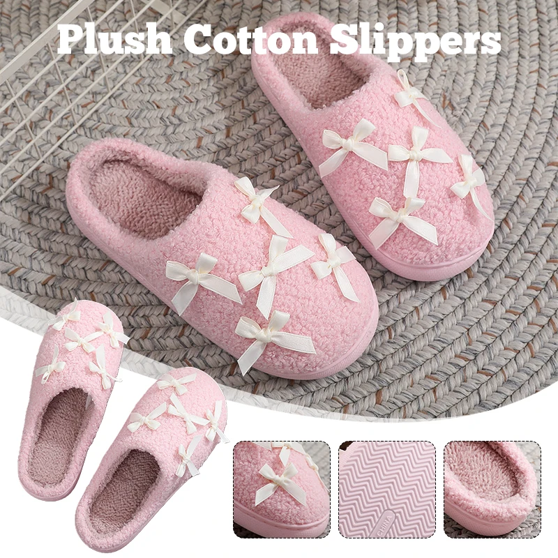 النساء النعال الخريف والشتاء أفخم نعال من القطن النساء الدافئة داخلي لطيف فتاة القوس الوردي النعال أحذية الشتاء جديد #2