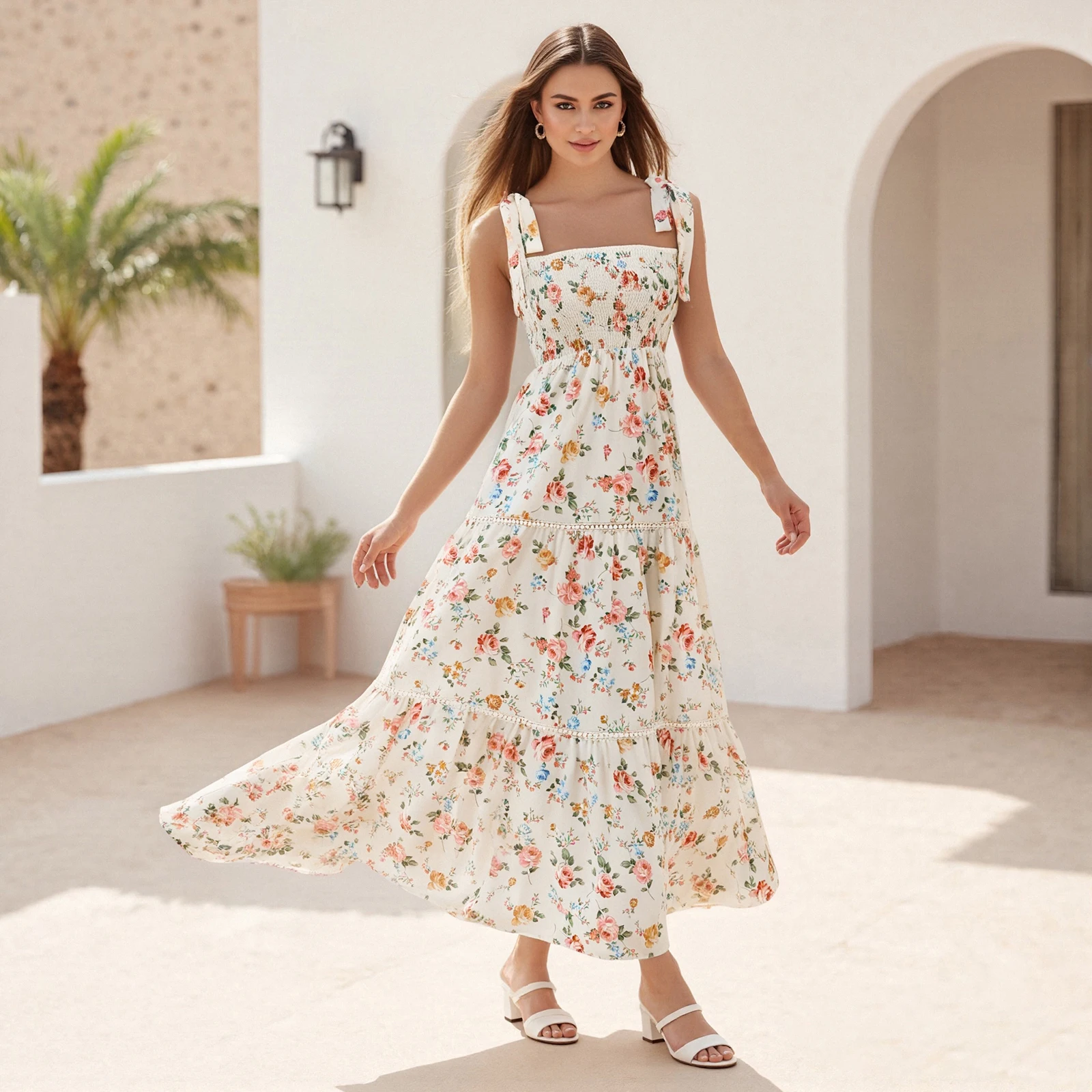 Nowa damska letnia sukienka bez rękawów Casual Tie Up Straps Floral Print A-Line Party Dress For Vacation Cocktail Streetwear S M L