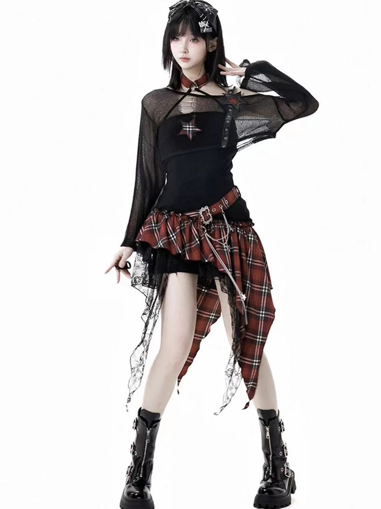 Gothic Plaid Splicing Dress Suit Women Y2K Japan Streetwear Subculture Irregular Dress Set Sweet Lolita Sleeveless 2 Piece Set