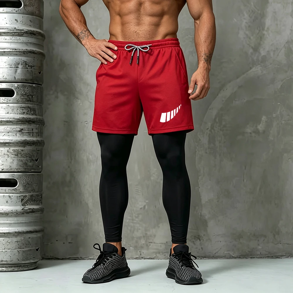 Men's Double Layer Gym Running Pants With Towel Ring Quick Dry Outer Shorts & Leggings Long Trousers Curved Slanted Stripe Print