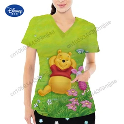 Camiseta con estampado de dibujos animados de Disney para mujer, Top informal y cómodo con doble bolsillo, moda de verano, 2024