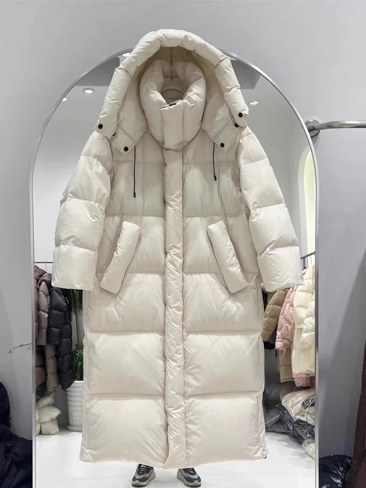 

Winter Long Knee Length Hooded Down Jacket Female Pocket Warm Quilted Jacket Women White Duck Down Thickening Parker Outwears