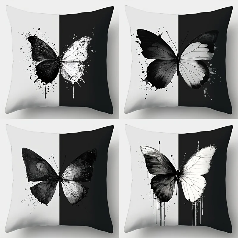 

4шт, наволочка, 2D плоская печать, черно-белые тона, тема бабочки, подходит для повседневных встреч, праздничных мероприятий, м.