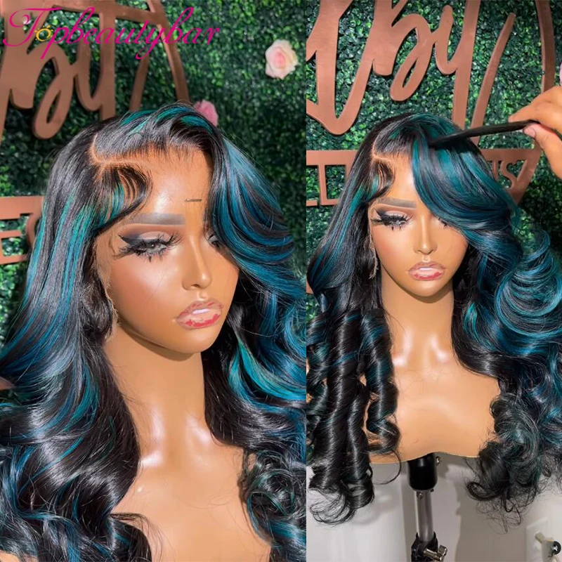 Highlight Blue Human Hair Wigs Transparent 13X4 Lace Front Wigs 180% Remy Brazilian Wavy Full Lace Wigs Preplucked