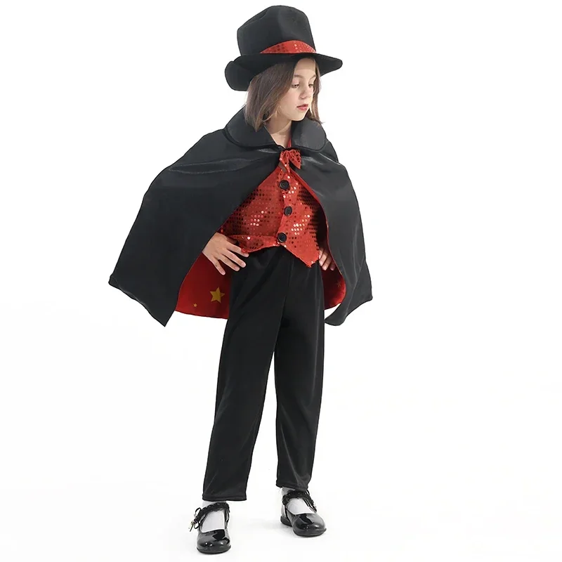 Kinder Magier Kostüm Top mit rotem Umhang Hut Magier Outfit Magier so tun, als spielen Dress Up Set für Jungen Mädchen Halloween Requisiten