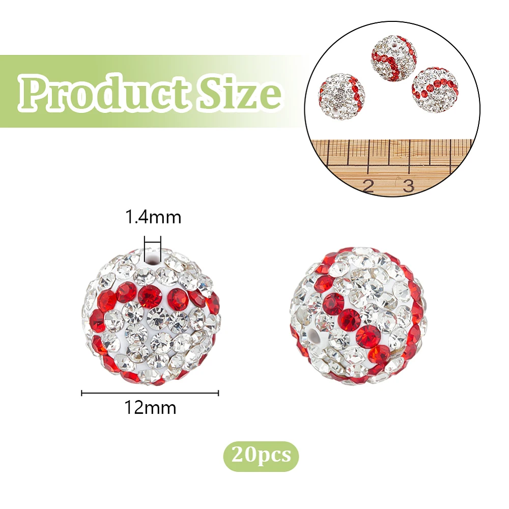20Pcs 12mm Rhinestone Clay Beads Baseball Rhinestone Beads Round Bead Clay Pave Bead Disco Ball Stone for Necklace Bracelet