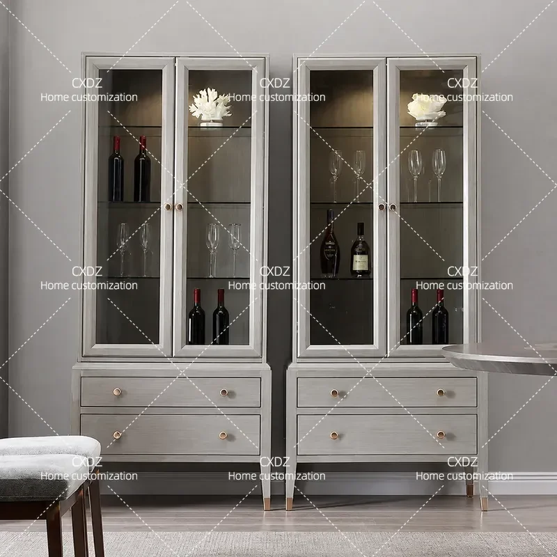 American Light Luxury Solid Wood Bookcase Simple Entry Living Room Multi Layer Storage High Grade Gray Glass Display Cabinet