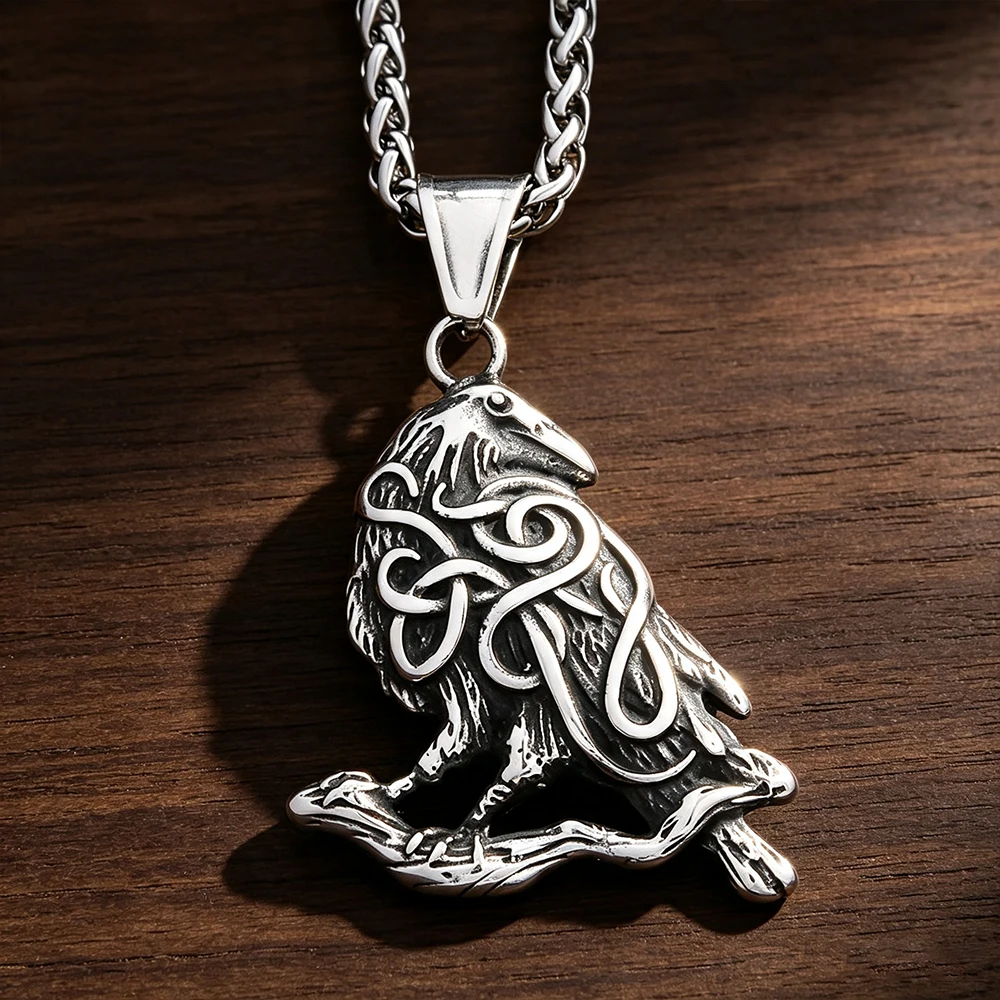 Stainless Steel Viking Crow Pendant Necklace Men Women Vintage Celtic Knot Wisdom Guardian Amulet Jewelry Gift Dropshipping