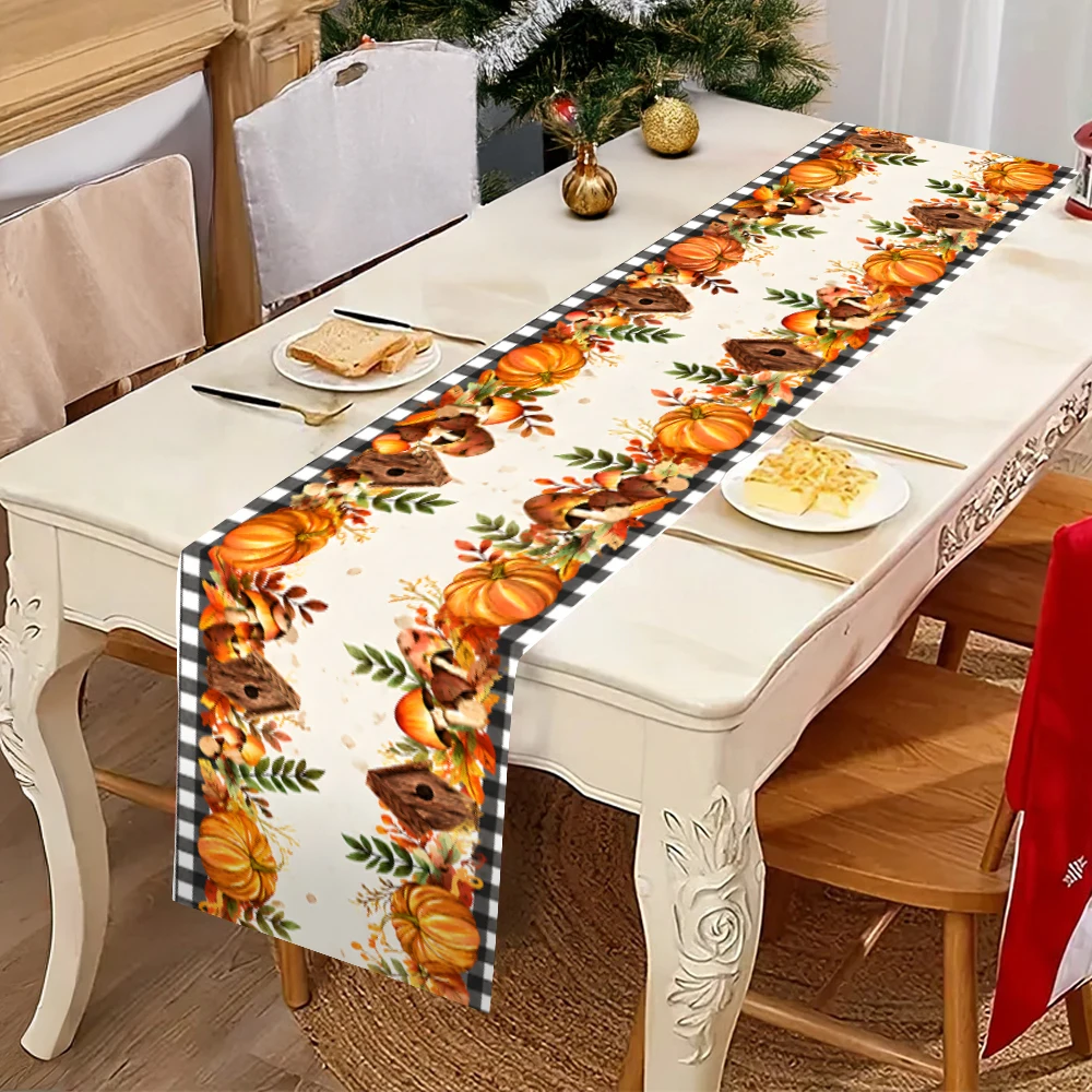 Fall Thanksgiving Table Runner Pumpkin Maple Leaf Black Buffalo Plaid Table Decor Autumn Harvest Holiday Kitchen Dining Table Ru
