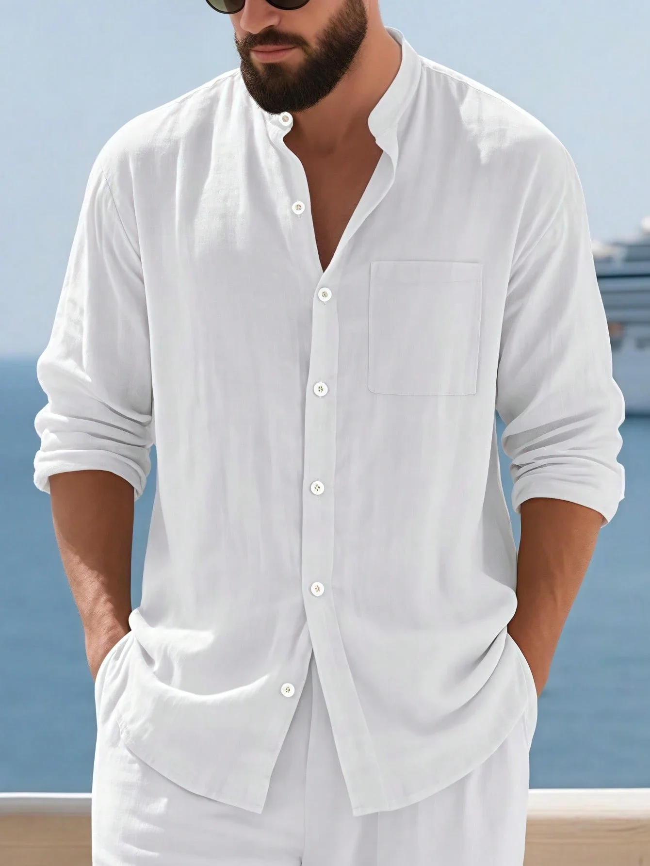 

Men's Linen Stand Collar Long Sleeve Shirt With Chest Pocket And Roll-Up Sleeves