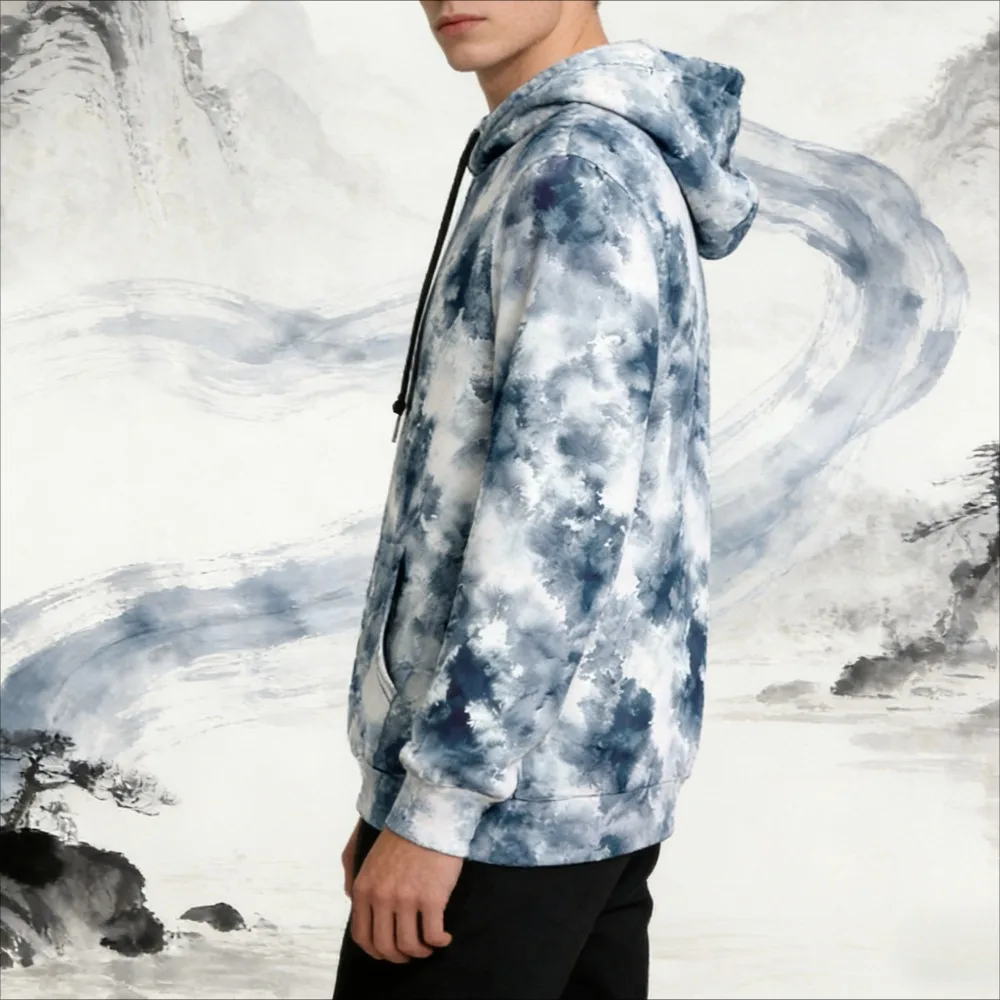 ​Men's Casual Hoodie Blue White Gradient Tie Dye Sweatshirt Modern Streetwear Pocket​ Oversized Pullover Minimalist Outerwear