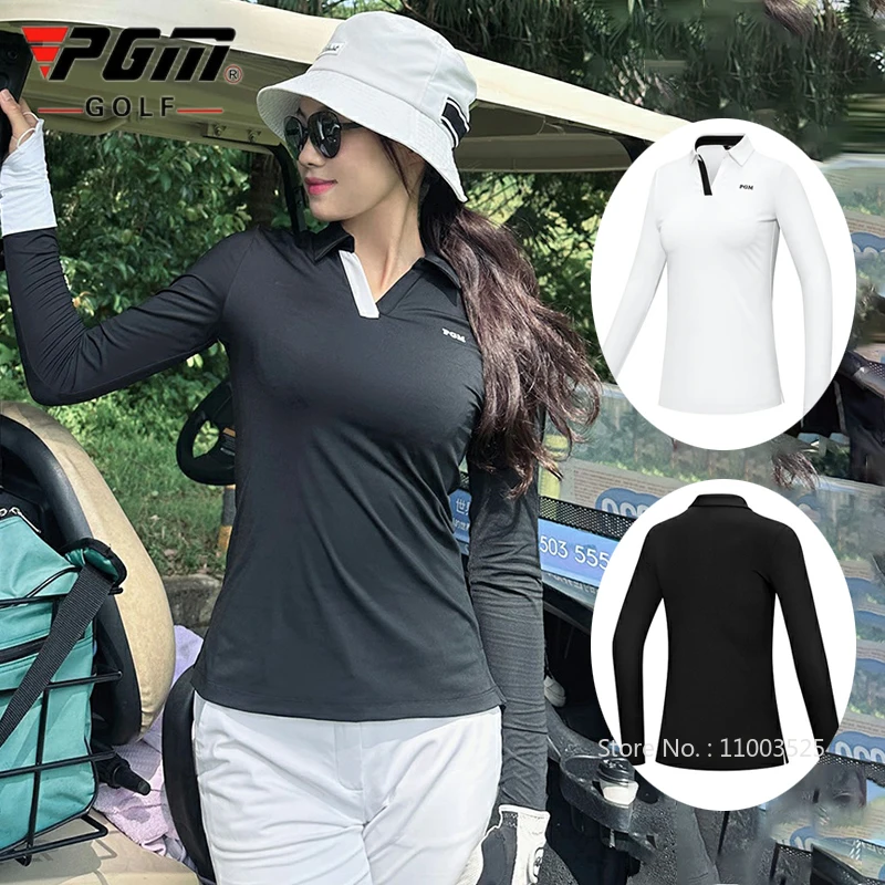 PGM Women's Golf Long Sleeve Shirts High Stretch V-Neck Sports Tops Ladies Fall Spring Slim Casual Golf Clothing S-XL