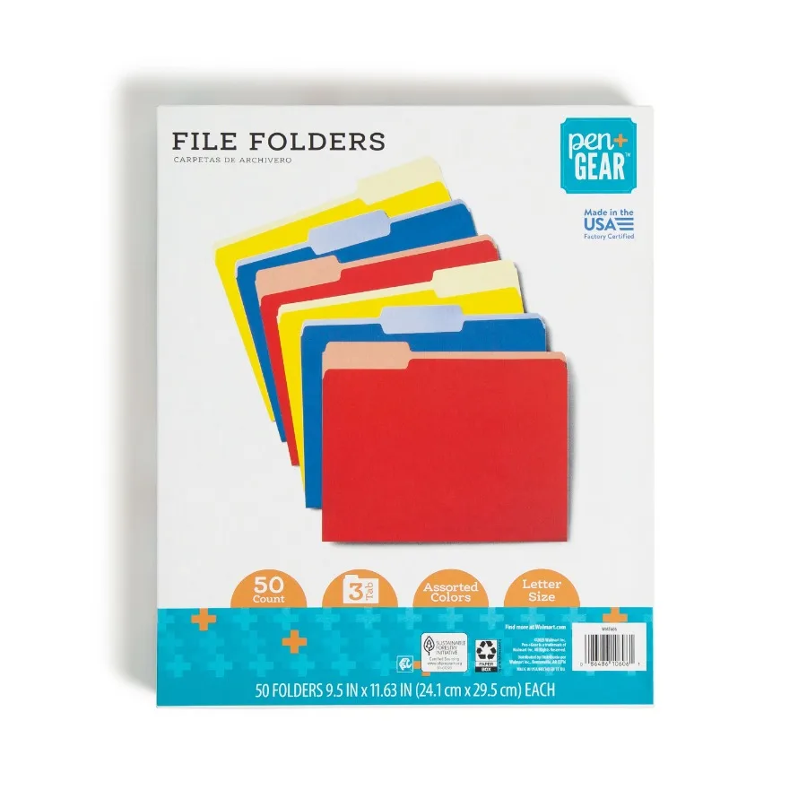 Pen + Gear File Folders 50 Count Assorted Colors Letter Size 3 Tab Positions