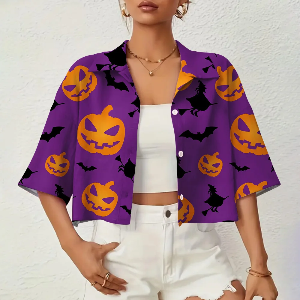 Women\'s Loose Casual Short Sleeve Shirt Halloween Bat Pattern Printed Comfortable Breathable Lapel Shirt Summer Women\'s Clothing