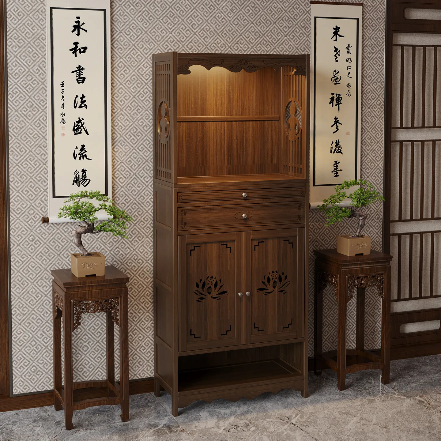Cz new chinese style standing cabinet with  niche, god of wealth altar  statue, altar for home use, non-solid wood incense altar