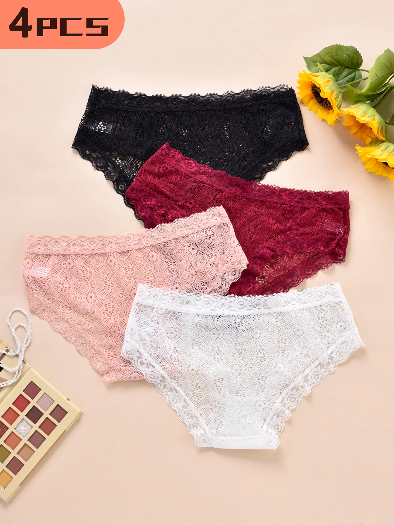 4Pcs Women's Sexy Lace Briefs Breathable Briefs Girls Sheer Floral Cut-outs Comfortable Solid Color Panties Women's Lingerie