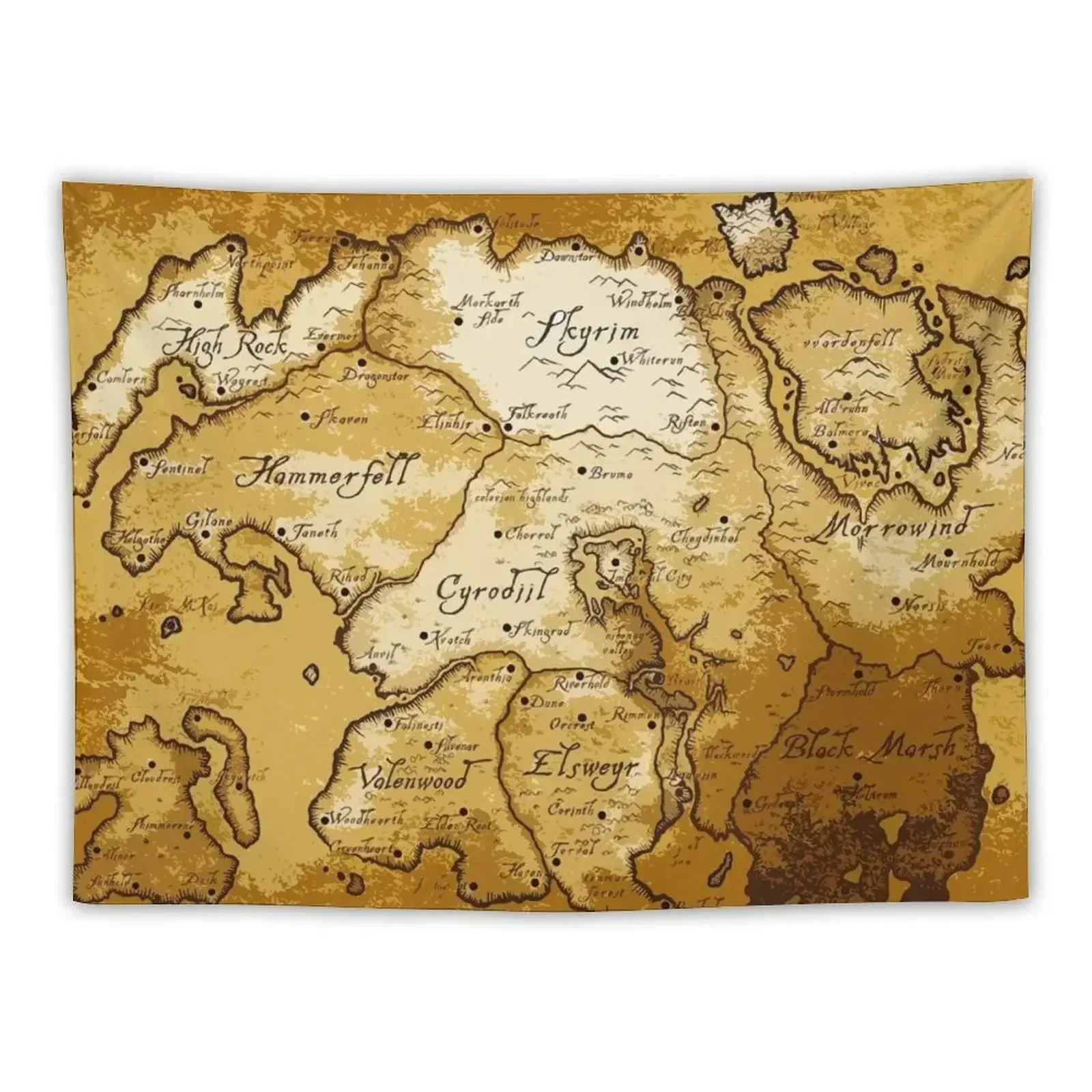 Aged Scrolls Fantasy Map Vector Minimalist Ancient RPG DnD Tamriel Elder ESO Online Summerset Tapestry House Decor Tapestry