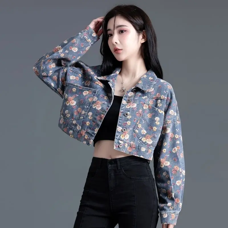 

Vintage Floral Print Crop Jackets Denim Coats Bomber Jacket Women New Spring Autumn Fashion Short Denim Tops Jacket Jeans Trend