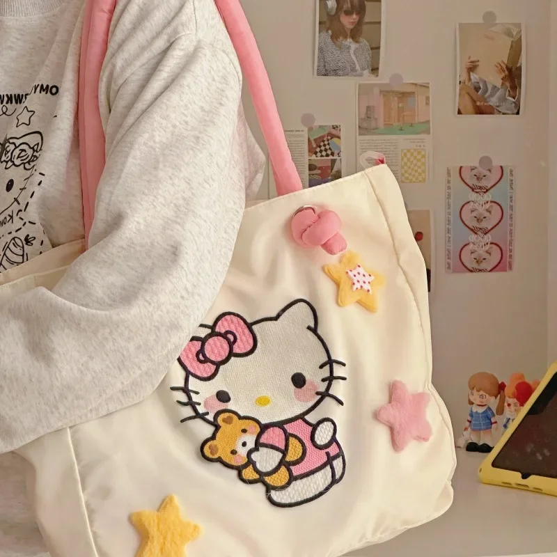 MBTI Hello Kitty-Bolso de mano de nailon bordado para mujer, de gran capacidad bolso de hombro con dibujos animados, informal, para viaje