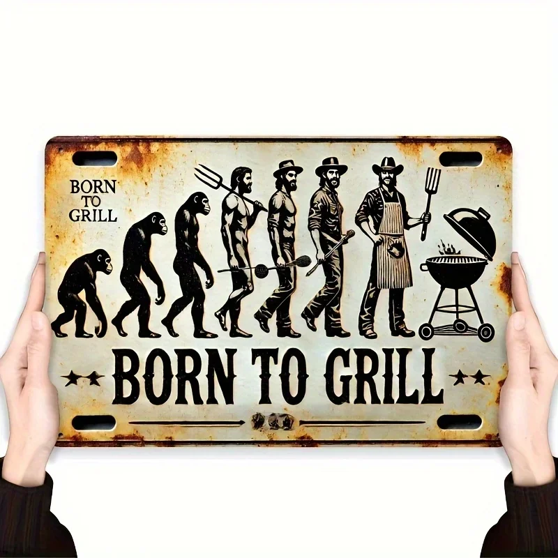 Letrero de metal plano 2D, 1 pieza, retro, "Born to BBQ", perfecto para el hogar, la cocina, el patio, el bar y la oficina, arte de pared para barbacoa de estilo campestre, duradero