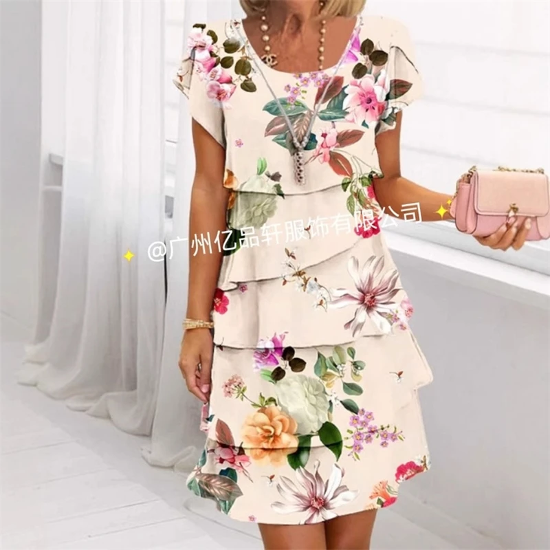 2025 primavera chique floral impressão chiffon vestido mulher elegante tripulação pescoço em camadas vestido plissado verão manga curta a linha vestido de festa