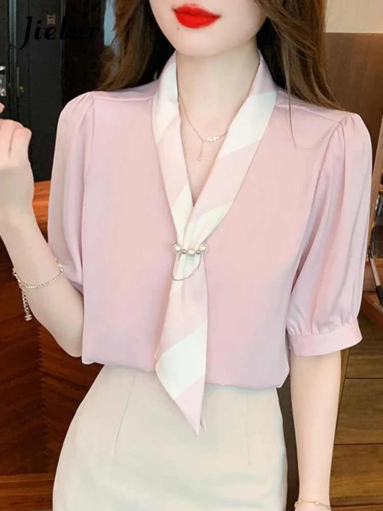 

Jielur Elegant Pearl Notched Female Blouses New Chiffon Solid Color Puff Sleeve Fashion Chic Women's Blouse Sweet Basic Workwear
