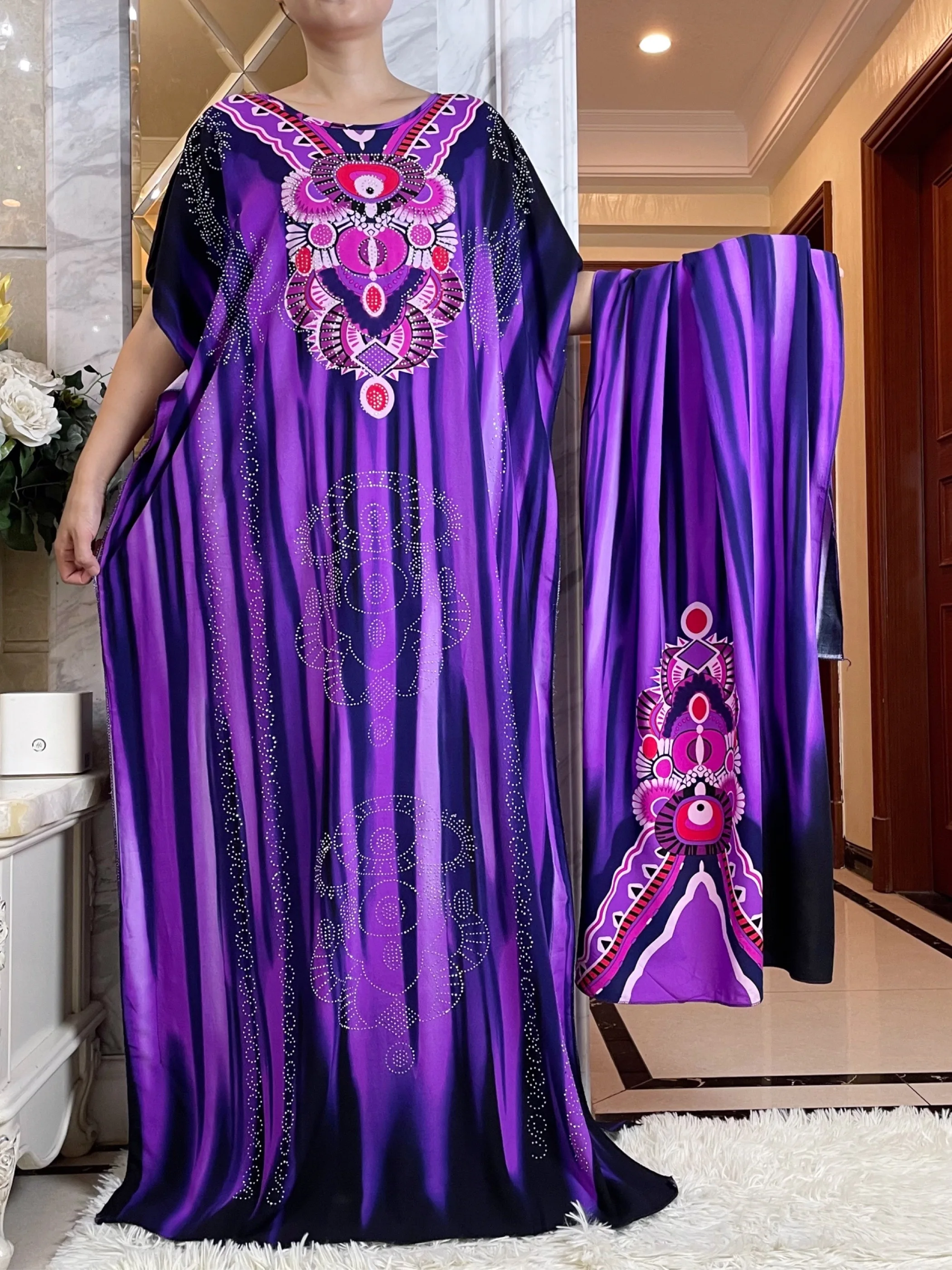 Newest Summer Party Dress Short Sleeve With Big Scarf Printing Floral Loose  Boubou Maxi Islam Women  African Abaya Clothes