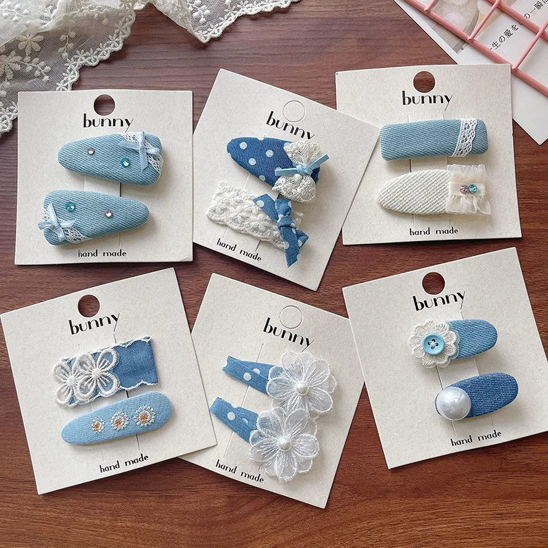 

Korean Button Denim Lace Butterfly Knot Hair Clip Elegant Break Clamp High-End School Girls Side BB Clamp Hair Accessorries