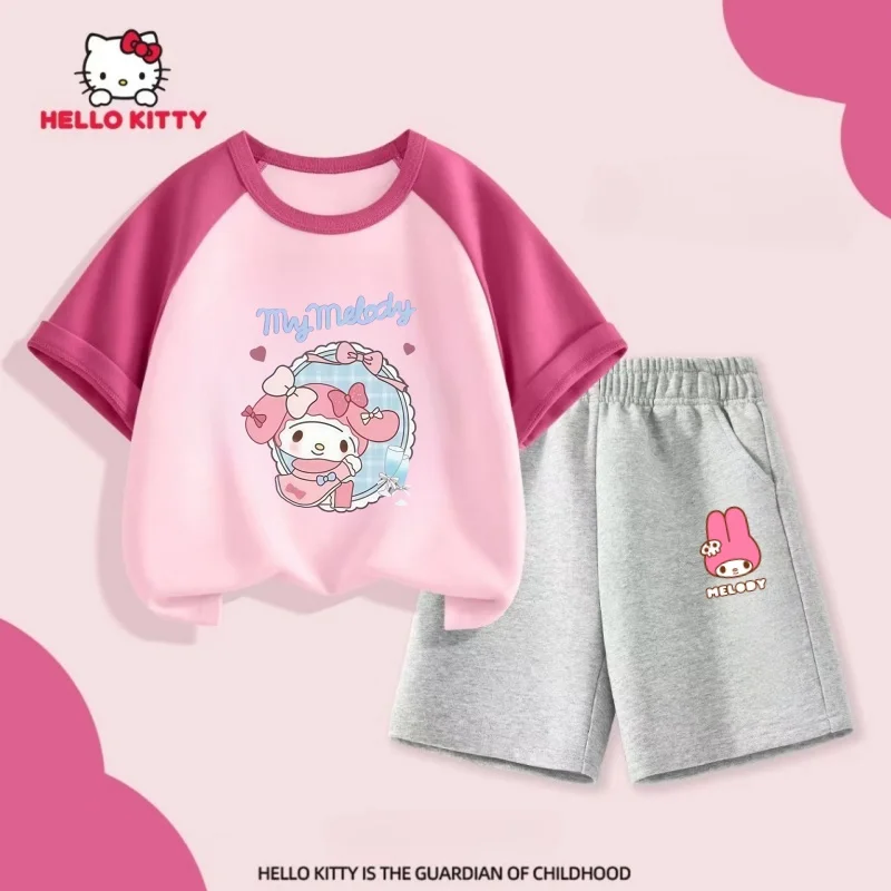 

Sanrio Summer Baby Girls Patchwork Clothes Set Kid My Melody Printed Short Sleeve T-shirts Top and Shorts Suit Children Outfits